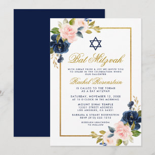 Elegant Blue Pink Floral Gold Lijst Bat Mitzvah Kaart