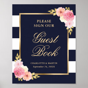 Elegant Blue Pink Floral Wedding Guest Book Poster