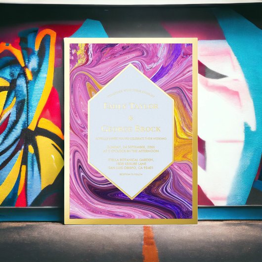 Elegant Blue Pink Galaxy Abstract Art Weddenschap Folie Uitnodiging