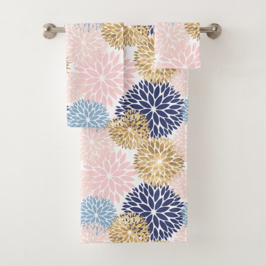 Elegant Blue Pink Gold Dahlia Floral Bad Handdoek (Insitu)
