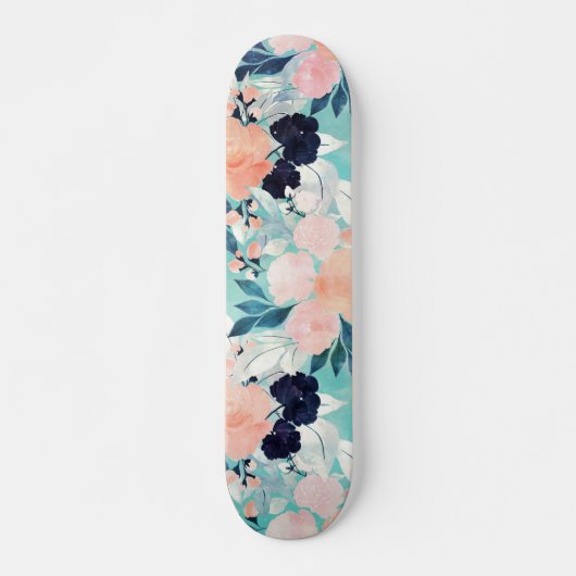 Elegant Blue Pink Mint Flowers Waterverf Floral Persoonlijk Skateboard (Voorkant)