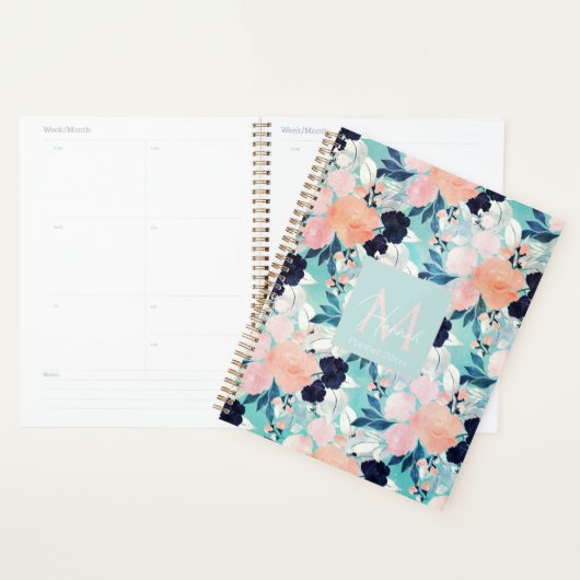 Elegant Blue Pink Mint Flowers Waterverf Floral Planner (Display)