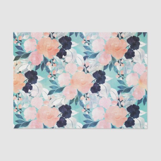 Elegant Blue Pink Mint Flowers Waterverf Floral Tissuepapier (Voorkant)