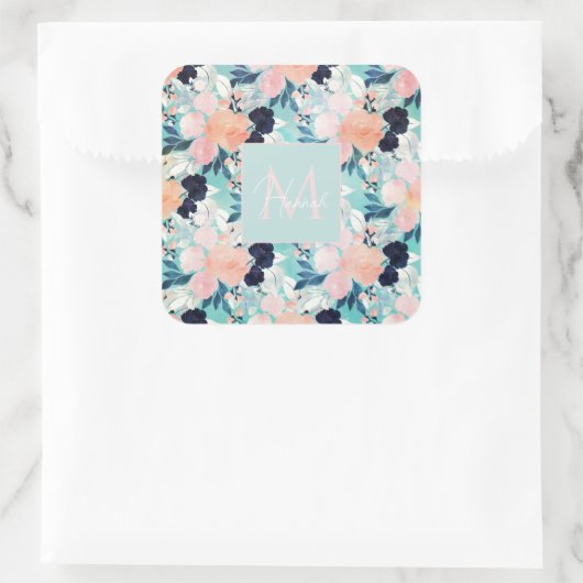 Elegant Blue Pink Mint Flowers Waterverf Floral Vierkante Sticker (Tas)
