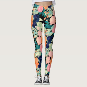 Elegant Blue Pink Oranje Flowers Black Floral Leggings