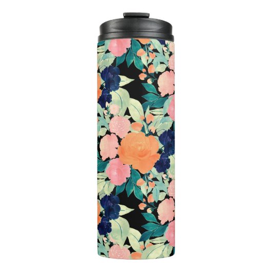 Elegant Blue Pink Oranje Flowers Black Floral Thermosbeker (Voorkant)