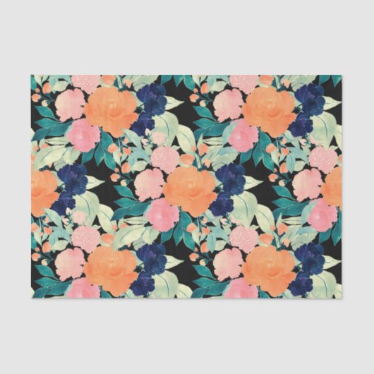 Elegant Blue Pink Oranje Flowers Black Floral Tissuepapier (Voorkant)