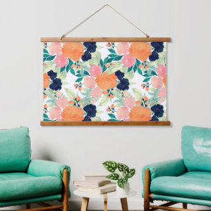 Elegant Blue Pink Oranje Flowers Waterverf Floral Hangend Wandkleed