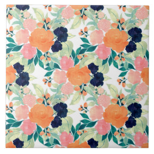 Elegant Blue Pink Oranje Flowers Waterverf Floral Tegeltje