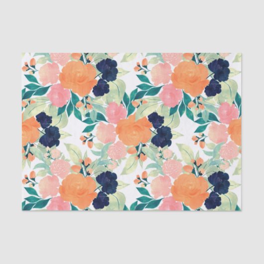 Elegant Blue Pink Oranje Flowers Waterverf Floral Tissuepapier (Voorkant)