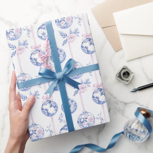 Elegant Blue & Pink Toile Christmas Ornaments Wrap Cadeaupapier (Geschenken)