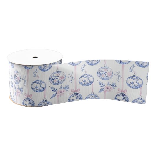Elegant Blue & Pink Toile Christmas Ornaments Wrap Grosgrain Lint (Spoel)