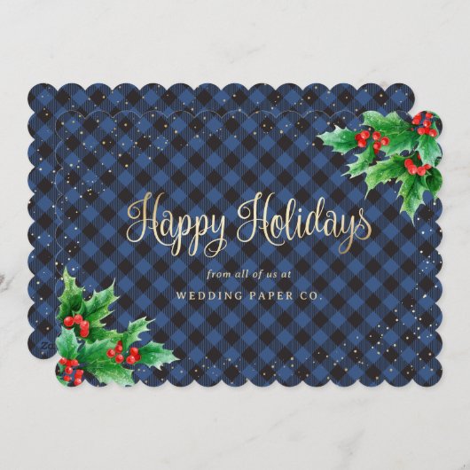 Elegant Blue Play Waterverf Holly Business Feestdagenkaart (Voorkant / Achterkant)