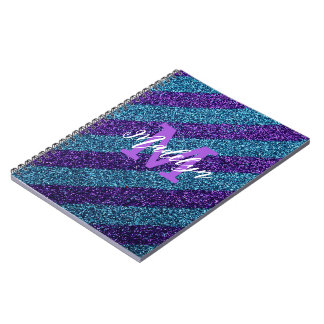 Elegant Blue &Purple Glitter Monogram Name  Notitieboek