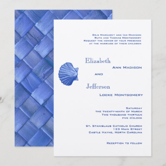 Elegant Blue Rattan Seashell Wedding Uitnodiging (Voorkant / Achterkant)
