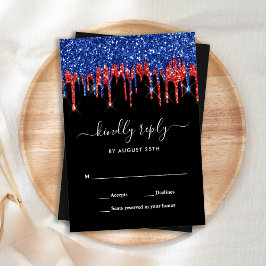 Elegant Blue Red Black Glitter druist tegen RSVP Notitiekaartje