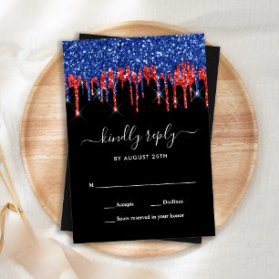 Elegant Blue Red Black Glitter Patriotic Weddensch RSVP Kaartje