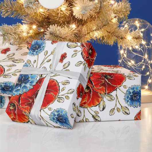 Elegant Blue-, Red- en Gold Herdenking Poppies Cadeaupapier (Feestdagen)
