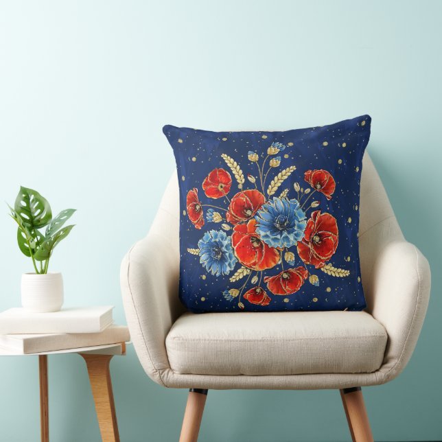 Elegant Blue-, Red- en Gold Herdenking Poppies Kussen (Stoel)