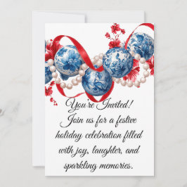 Elegant Blue & Red Holiday Invitation Invitation Kaart