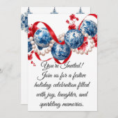 Elegant Blue & Red Holiday Invitation Invitation Kaart (Voorkant / Achterkant)