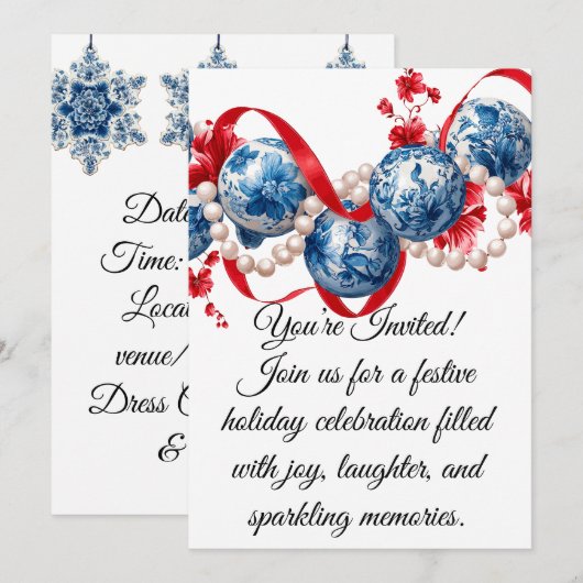 Elegant Blue & Red Holiday Invitation Invitation Kaart (Voorkant / Achterkant)