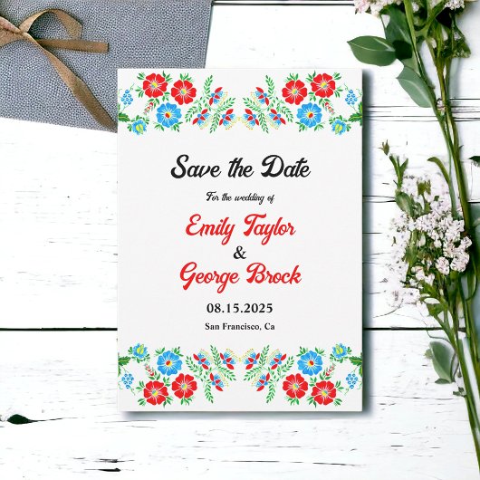 Elegant Blue Red Roses Botanical Floral Wedding Save The Date