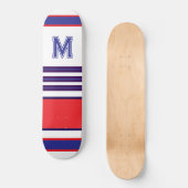Elegant blue red white stripes monogram skateboard (Voorkant)