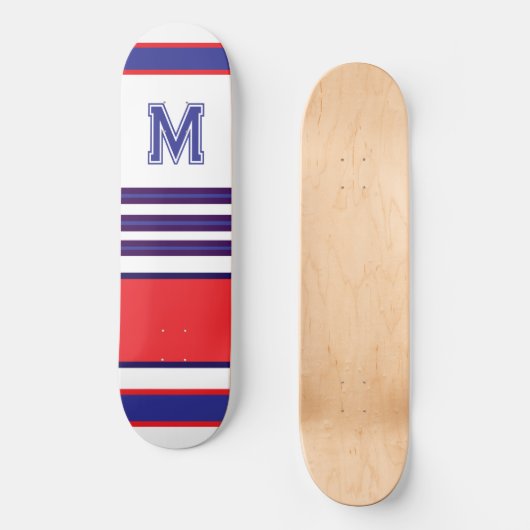 Elegant blue red white stripes monogram skateboard (Voorkant)