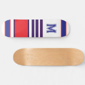Elegant blue red white stripes monogram skateboard (Horizontaal)