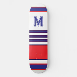 Elegant blue red white stripes monogram skateboard
