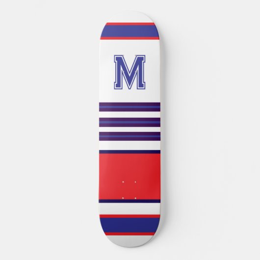 Elegant blue red white stripes monogram skateboard (Voorkant)