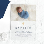 Elegant Blue Religious Cross Boy Baptism Foto Acryl Uitnodigingen