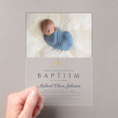 Elegant Blue Religious Cross Boy Baptism Foto Acryl Uitnodigingen (Insitu (Draagbaar))