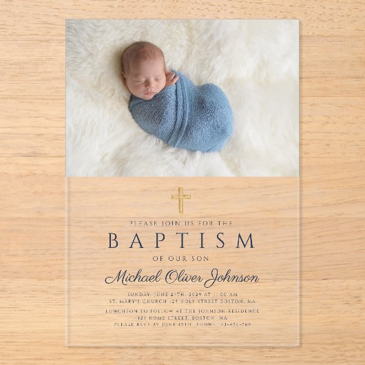 Elegant Blue Religious Cross Boy Baptism Foto Acryl Uitnodigingen (Voorkant)