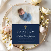 Elegant Blue Religious Cross Boy Baptism Foto