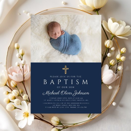 Elegant Blue Religious Cross Boy Baptism Foto Kaart