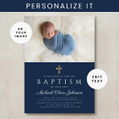 Elegant Blue Religious Cross Boy Baptism Foto Kaart