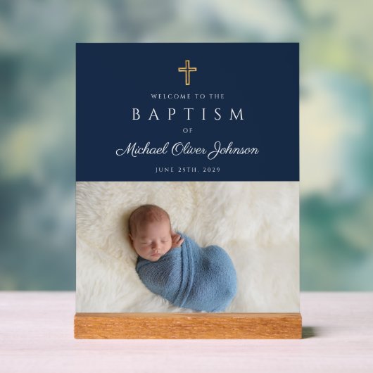 Elegant Blue Religious Cross Boy Baptism Welkom Acryl Bord (Neutraal)