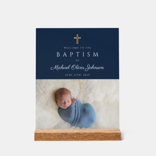 Elegant Blue Religious Cross Boy Baptism Welkom Acryl Bord (Voorkant)