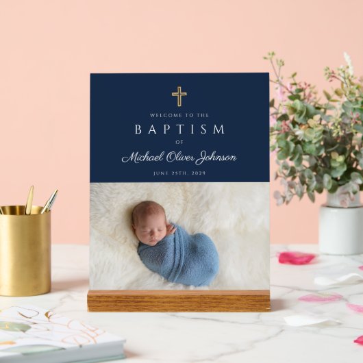 Elegant Blue Religious Cross Boy Baptism Welkom Acryl Bord (Huwelijk)