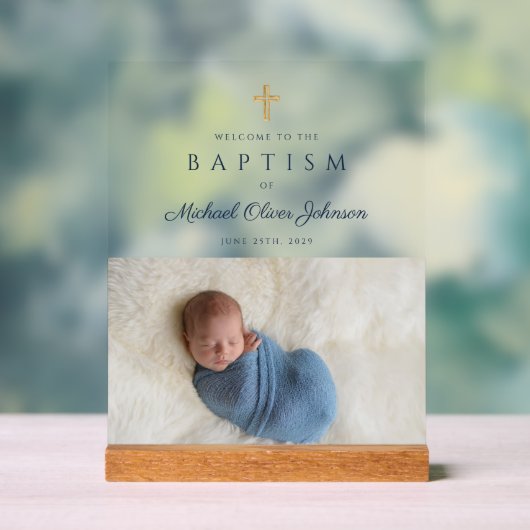 Elegant Blue Religious Cross Boy Baptism Welkom Acryl Bord (Neutraal)