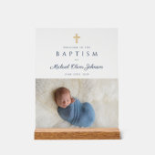 Elegant Blue Religious Cross Boy Baptism Welkom Acryl Bord (Voorkant)