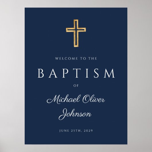 Elegant Blue Religious Cross Boy Baptism Welkom P Poster (Voorkant)