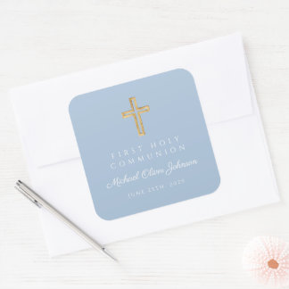 Elegant Blue Religious Cross Boy First Communion  Vierkante Sticker