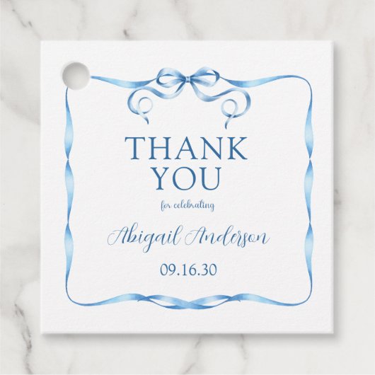 Elegant Blue Ribbon Baby shower Hartelijk dank Bedankjes Labels (Voorkant)