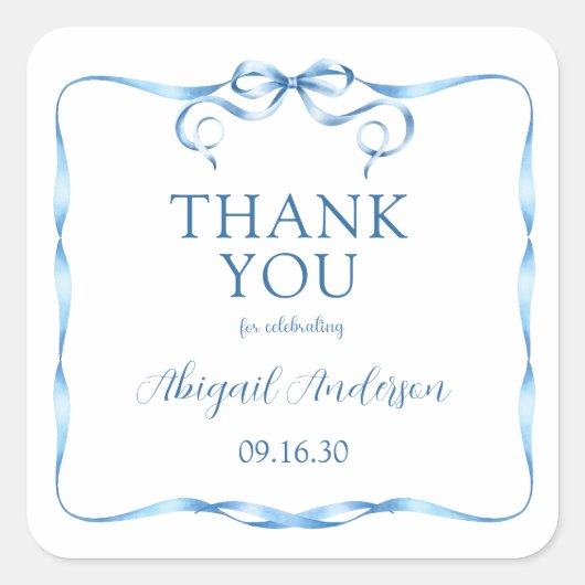 Elegant Blue Ribbon Baby shower Hartelijk dank Vierkante Sticker (Voorkant)