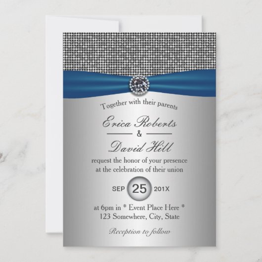 Elegant Blue Ribbon Modern Silver Glitter Wedding Kaart (Voorkant)