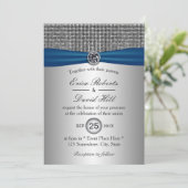 Elegant Blue Ribbon Modern Silver Glitter Wedding Kaart (Staand voorkant)