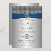 Elegant Blue Ribbon Modern Silver Glitter Wedding Kaart (Voorkant / Achterkant)